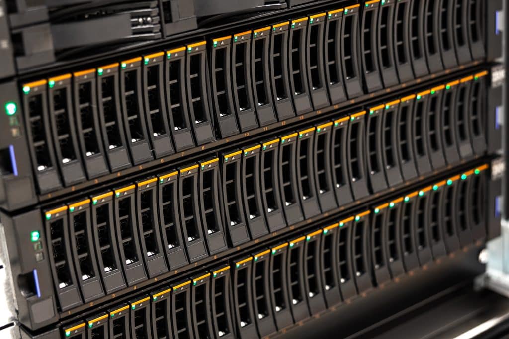 Large SAN Disk Cabinet In Rack At Datacenter